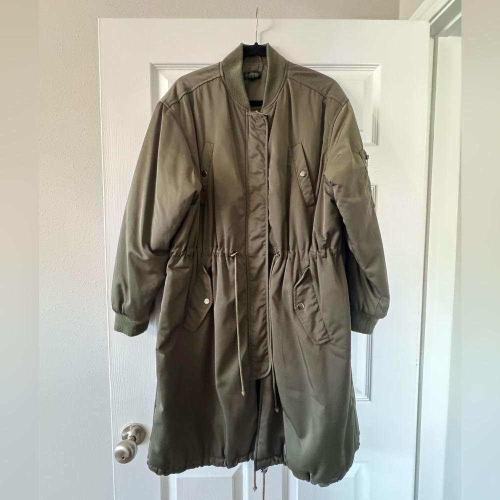 Topshop Olive Long Bomber Jacket Size 10
